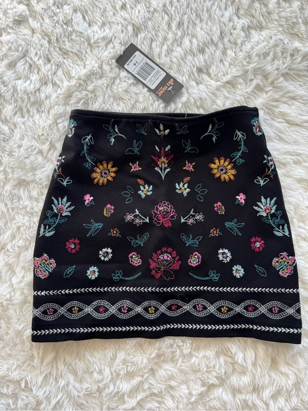 Ella Moss Black Mini Skirt with Multicolor Floral Embroidery